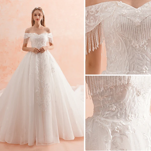 Charming Ivory Wedding Dresses 2019 A-Line / Princess Off-The-Shoulder Beading Tassel Lace Flower Appliques Pearl Short Sleeve Backless Royal Train