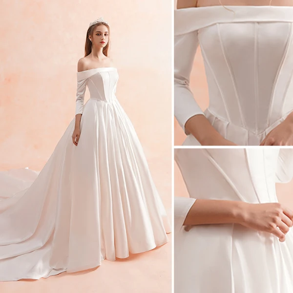 Simple Ivoire Hiver Robe De Mariée 2019 Princesse De l'épaule 3/4 Manches Dos Nu Royal Train