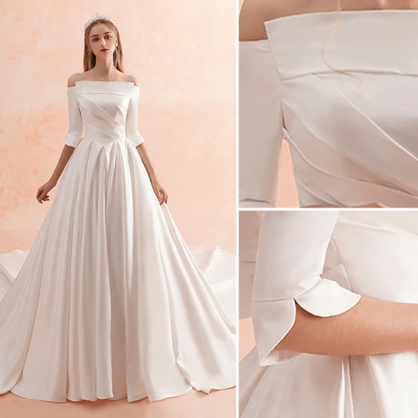 Modest / Simple Ivory Winter Wedding Dresses 2019 A-Line / Princess Off-The-Shoulder 1/2 Sleeves Backless Royal Train