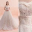 Charmant Champagner Brautkleider / Hochzeitskleider 2019 A Linie Off Shoulder Perlenstickerei Quaste Spitze Blumen Pailletten Kurze Ärmel Rückenfreies Königliche Schleppe