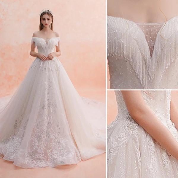 Charmant Ivory / Creme Brautkleider / Hochzeitskleider 2019 A Linie Off Shoulder Perlenstickerei Quaste Spitze Blumen Pailletten Kurze Ärmel Rückenfreies Königliche Schleppe