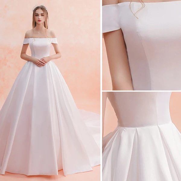 Simple Ivoire Robe De Mariée 2019 Princesse De l'épaule Manches Courtes Dos Nu Cathedral Train