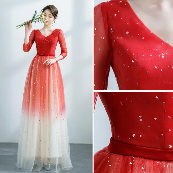 Fashion Red Gradient-Color Prom Dresses 2021 A-Line / Princess V-Neck Star Sequins 3/4 Sleeve Backless Floor-Length / Long Formal Dresses