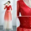 Fashion Red Gradient-Color Prom Dresses 2021 A-Line / Princess V-Neck Star Sequins 3/4 Sleeve Backless Floor-Length / Long Formal Dresses
