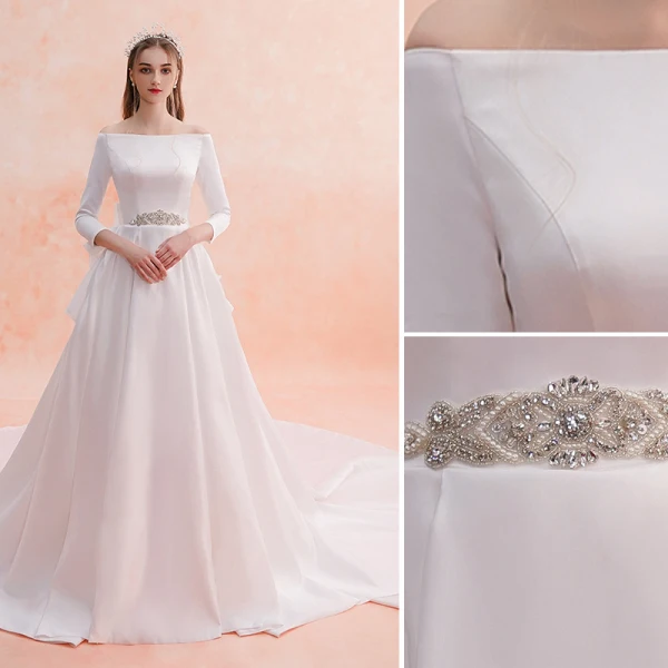 Élégant Ivoire Robe De Mariée 2019 Princesse De l'épaule Perle Faux Diamant 3/4 Manches Dos Nu Noeud Royal Train
