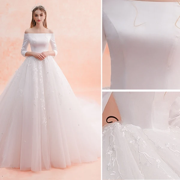 Elegant Ivory Wedding Dresses 2019 A-Line / Princess Off-The-Shoulder Lace Flower 3/4 Sleeve Backless Royal Train