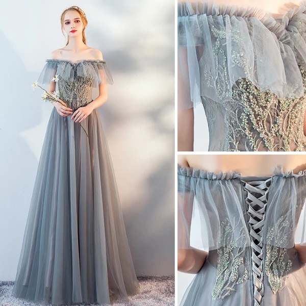 Modern / Fashion Grey Lace Flower Evening Dresses  2019 A-Line / Princess Off-The-Shoulder Beading Short Sleeve Backless Floor-Length / Long Formal Dresses