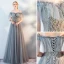 Modern / Fashion Grey Lace Flower Evening Dresses  2019 A-Line / Princess Off-The-Shoulder Beading Short Sleeve Backless Floor-Length / Long Formal Dresses
