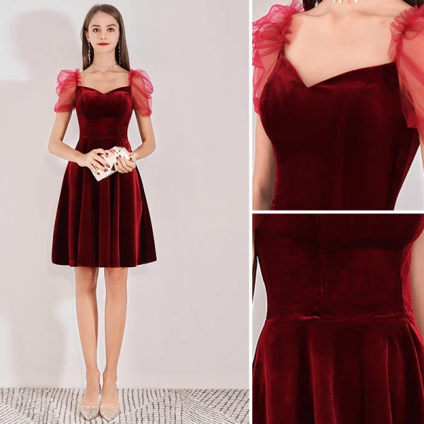 Chic / Beautiful Burgundy Suede Graduation Dresses 2019 A-Line / Princess Square Neckline Short Sleeve Backless Knee-Length Formal Dresses
