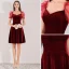 Chic / Beautiful Burgundy Suede Graduation Dresses 2019 A-Line / Princess Square Neckline Short Sleeve Backless Knee-Length Formal Dresses