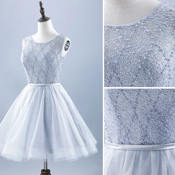 Chic / Beautiful Grey Cocktail Dresses 2019 A-Line / Princess Scoop Neck Lace Flower Pearl Sleeveless Backless Bow Short Formal Dresses