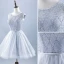 Chic / Beautiful Grey Cocktail Dresses 2019 A-Line / Princess Scoop Neck Lace Flower Pearl Sleeveless Backless Bow Short Formal Dresses