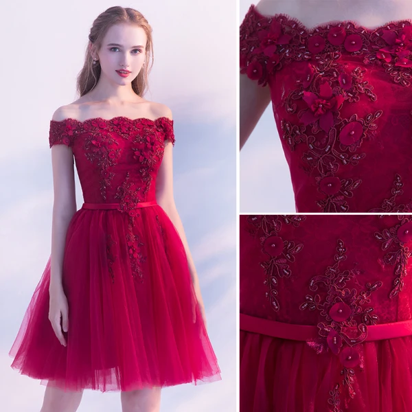Chic / Belle Bordeaux Robe De Fete 2019 Princesse De l'épaule Perlage En Dentelle Fleur Manches Courtes Dos Nu Ceinture Mi-Longues Robe De Ceremonie