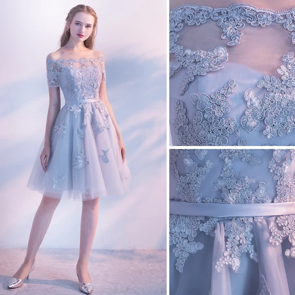 Chic / Beautiful Grey Graduation Dresses 2019 A-Line / Princess Off-The-Shoulder Lace Flower Sash Short Sleeve Backless Knee-Length Formal Dresses