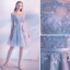 Chic / Beautiful Grey Graduation Dresses 2019 A-Line / Princess Off-The-Shoulder Lace Flower Sash Short Sleeve Backless Knee-Length Formal Dresses