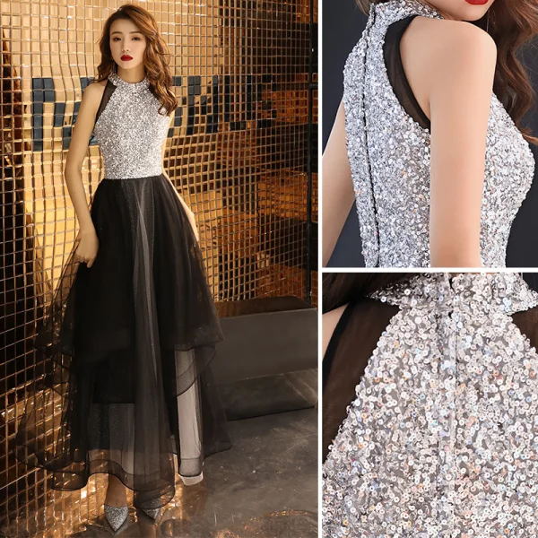 Modern / Fashion Black Evening Dresses  2019 A-Line / Princess Scoop Neck Sequins Sleeveless Floor-Length / Long Formal Dresses