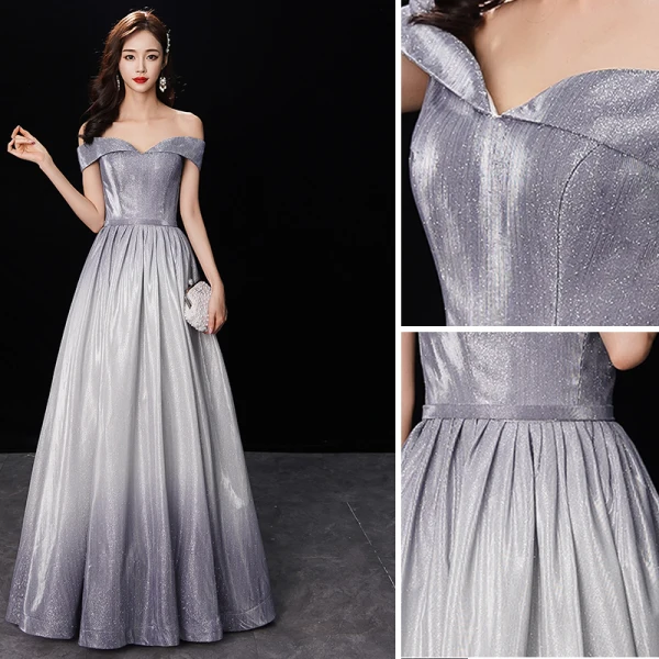Chic / Beautiful Gradient-Color Silver Glitter Evening Dresses 2019 A-Line / Princess Off-The-Shoulder Short Sleeve Backless Floor-Length / Long Formal Dresses