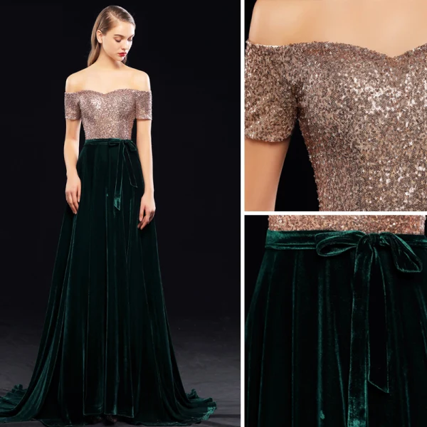 Schöne Dunkelgrün Abendkleider 2019 A Linie Off Shoulder Pailletten Wildleder Kurze Ärmel Rückenfreies Sweep / Pinsel Zug Festliche Kleider
