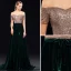 Schöne Dunkelgrün Abendkleider 2019 A Linie Off Shoulder Pailletten Wildleder Kurze Ärmel Rückenfreies Sweep / Pinsel Zug Festliche Kleider