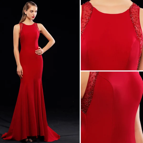 Chic / Beautiful Burgundy Evening Dresses  2019 Trumpet / Mermaid Scoop Neck Beading Sleeveless Sweep Train Formal Dresses