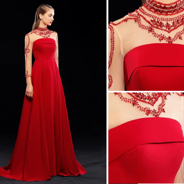 Chic / Belle Bordeaux Robe De Soirée 2019 Princesse Col Haut Perlage Cristal 3/4 Manches Dos Nu Train De Balayage Robe De Ceremonie