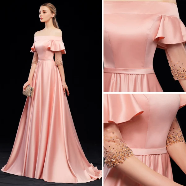 Modest / Simple Pearl Pink Evening Dresses 2019 A-Line / Princess Off-The-Shoulder Sash Short Sleeve Backless Sweep Train Formal Dresses