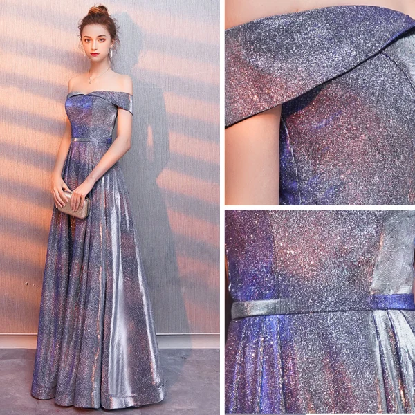 Modern / Fashion Starry Sky Purple Evening Dresses 2019 A-Line / Princess Off-The-Shoulder Glitter Polyester Sash Short Sleeve Backless Floor-Length / Long Formal Dresses