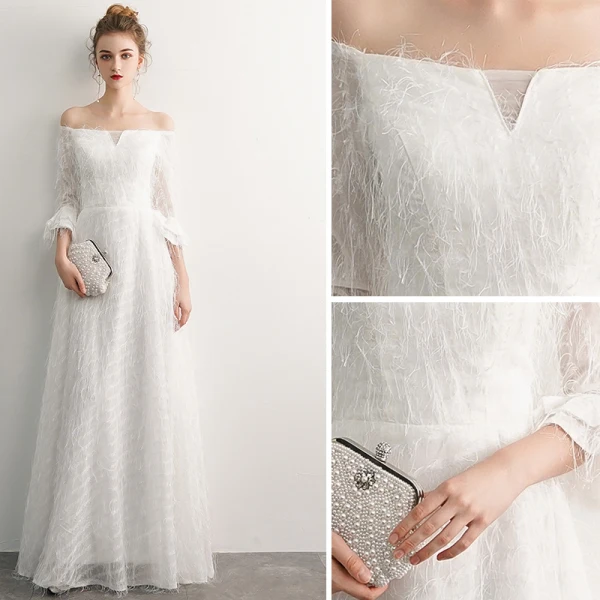 Elegant Ivory Evening Dresses 2019 A-Line / Princess Off-The-Shoulder Tassel 3/4 Sleeve Backless Floor-Length / Long Formal Dresses