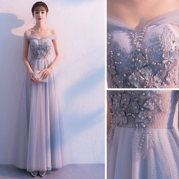 Elegant Grey Prom Dresses 2019 A-Line / Princess Off-The-Shoulder Lace Flower Pearl Backless Bow Sleeveless Floor-Length / Long Formal Dresses