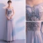Elegant Grey Prom Dresses 2019 A-Line / Princess Off-The-Shoulder Lace Flower Pearl Backless Bow Sleeveless Floor-Length / Long Formal Dresses