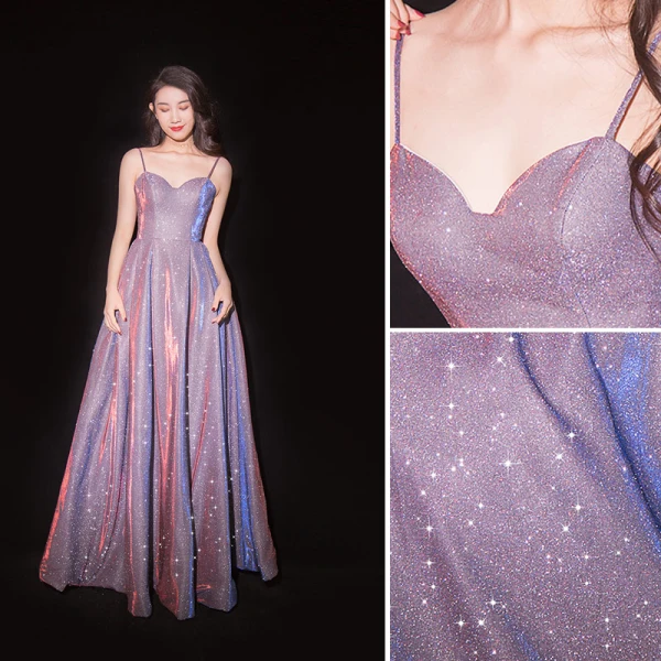 Charmig Purple Stjärnbeströdd Himmel Aftonklänningar 2019 Prinsessa Spaghettiband Glittriga / Glitter Polyester Ärmlös Halterneck Långa Formella Klänningar