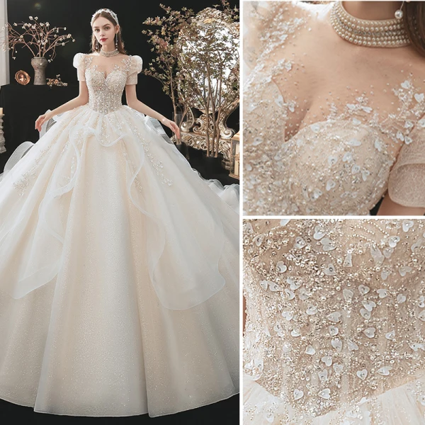 Fantastisk Champagne Bröllopsklänningar 2021 Balklänning Urringning Beading Paljetter Appliqués Korta ärm Halterneck Royal Train Bröllop