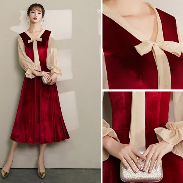 Vintage / Retro Burgundy Homecoming Graduation Dresses 2019 A-Line / Princess V-Neck Bow Suede Long Sleeve Tea-length Prom Dresses