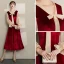 Vintage / Retro Burgundy Homecoming Graduation Dresses 2019 A-Line / Princess V-Neck Bow Suede Long Sleeve Tea-length Prom Dresses