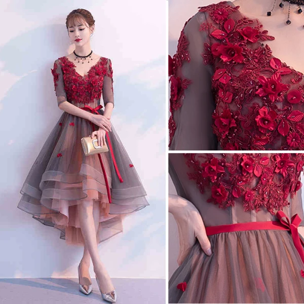 Modern / Fashion Burgundy Cocktail Dresses 2019 A-Line / Princess V-Neck Appliques Bow 1/2 Sleeves Backless Asymmetrical Formal Dresses
