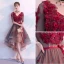 Modern / Fashion Burgundy Cocktail Dresses 2019 A-Line / Princess V-Neck Appliques Bow 1/2 Sleeves Backless Asymmetrical Formal Dresses