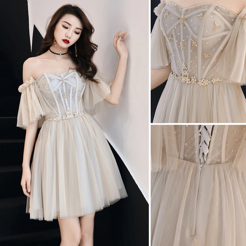 Charming Champagne Party Dresses 2019 A-Line Princess Off-The-Shoulder Crystal Short