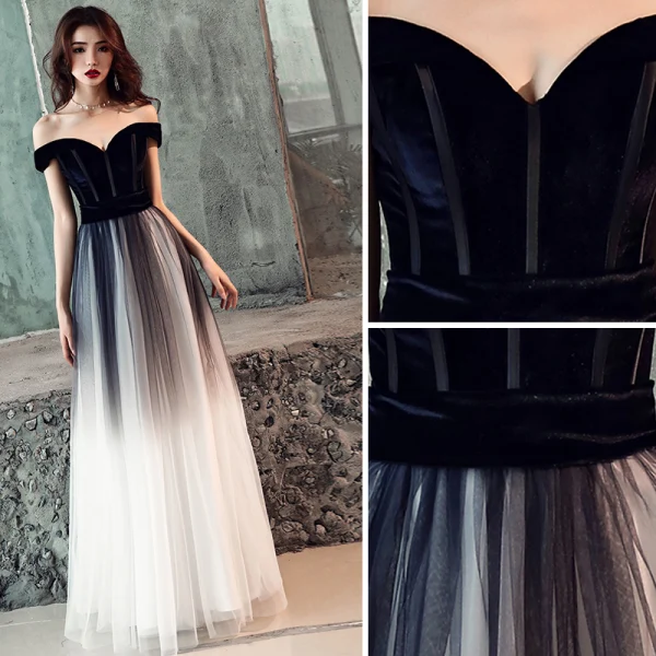 Elegante Farbverlauf Schwarz Ballkleider 2019 A Linie Off Shoulder Kurze Ärmel Rückenfreies Lange Festliche Kleider