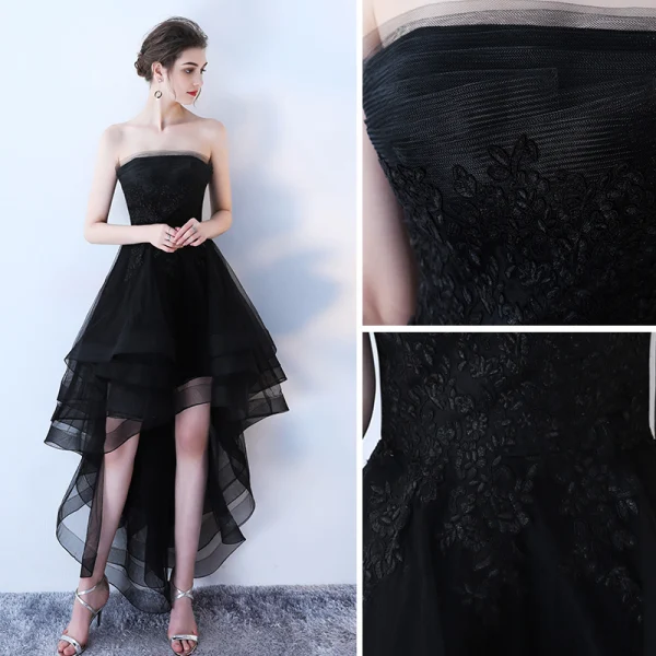 Charmant Schwarz Cocktailkleider 2019 A Linie Bandeau Spitze Blumen Ärmellos Rückenfreies Asymmetrisch Festliche Kleider