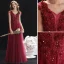 Chic / Beautiful Burgundy Evening Dresses  2019 A-Line / Princess V-Neck Beading Lace Flower Crystal Sleeveless Backless Floor-Length / Long Formal Dresses