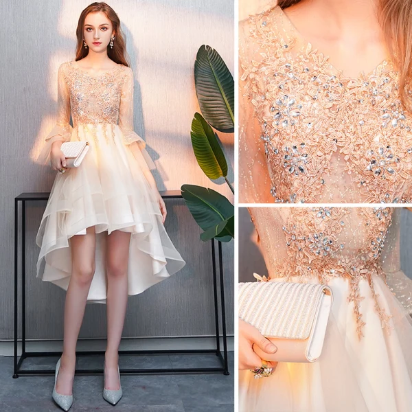 Charmant Haute Basse Champagne Robe De Cocktail 2019 Princesse Encolure Dégagée Perlage Cristal En Dentelle Fleur Manches de cloche Asymétrique Robe De Ceremonie