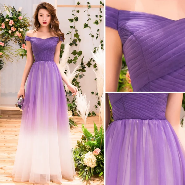 Chic / Beautiful Purple Gradient-Color Evening Dresses 2019 A-Line / Princess Off-The-Shoulder Short Sleeve Backless Floor-Length / Long Formal Dresses