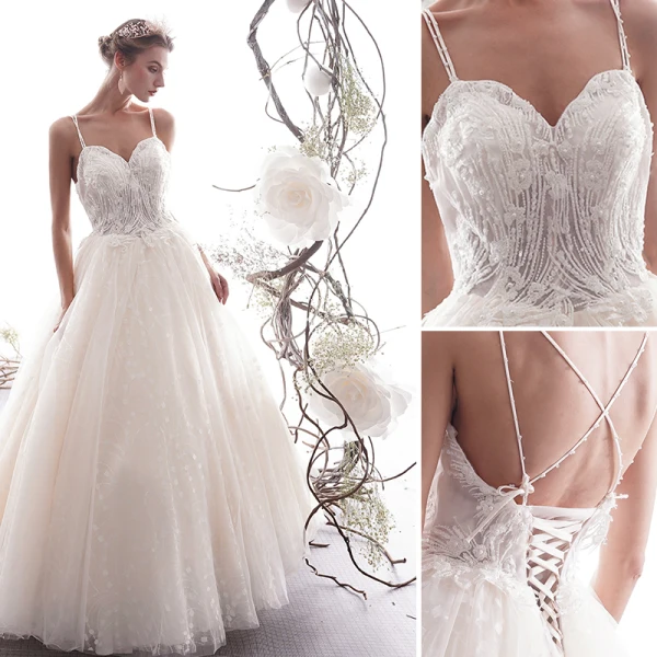 Élégant Champagne Robe De Mariée 2019 Princesse Bretelles Spaghetti Perlage Perle En Dentelle Fleur Sans Manches Dos Nu Longue