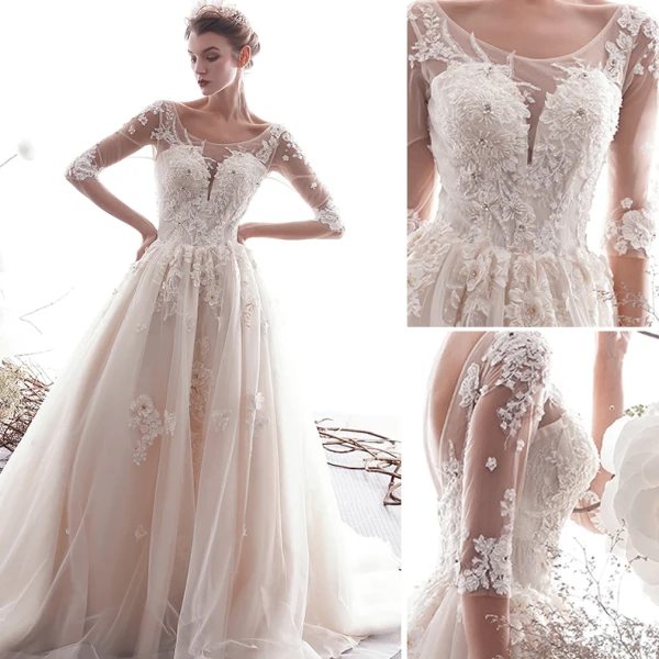 Elegant Champagne Wedding Dresses 2019 A-Line / Princess Scoop Neck Beading Lace Flower Appliques 1/2 Sleeves Backless Chapel Train