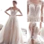 Elegant Champagne Wedding Dresses 2019 A-Line / Princess Scoop Neck Beading Lace Flower Appliques 1/2 Sleeves Backless Chapel Train