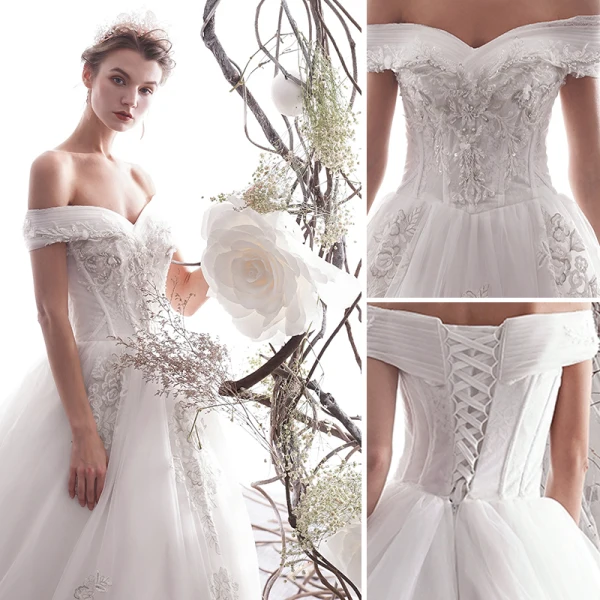Elegant Ivory 2019 Wedding Dresses A-Line / Princess Off-The-Shoulder Beading Sequins Lace Flower Short Sleeve Backless Royal Train