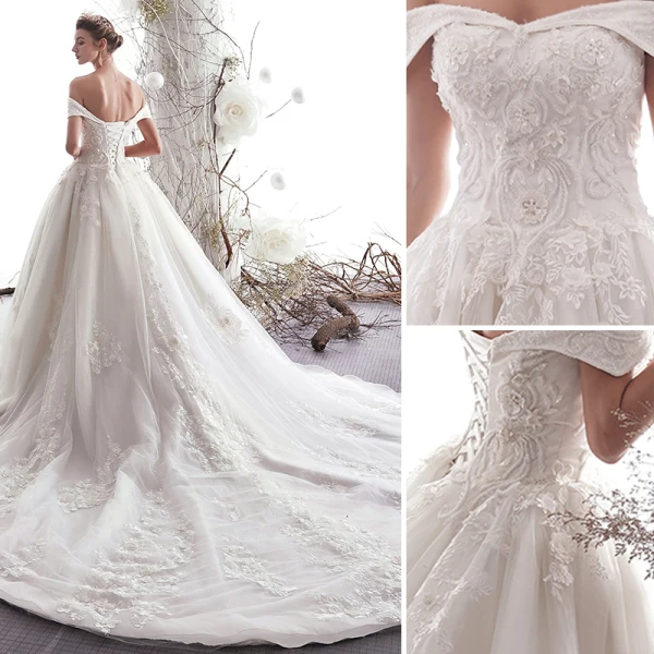 Elegant Ivory Wedding Dresses 2019 A-Line / Princess Off-The-Shoulder Beading Lace Flower Short Sleeve Backless Cathedral Train