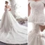 Elegant Ivory Wedding Dresses 2019 A-Line / Princess Off-The-Shoulder Beading Lace Flower Short Sleeve Backless Cathedral Train