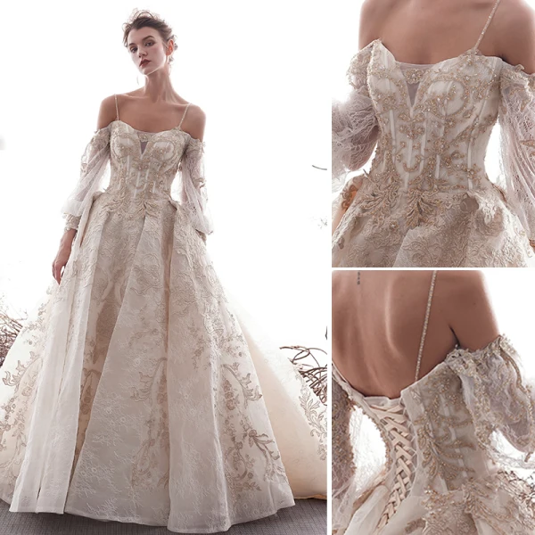 Luxury / Gorgeous Champagne Wedding Dresses 2019 A-Line / Princess Spaghetti Straps Beading Crystal Lace Flower 3/4 Sleeve Backless Royal Train