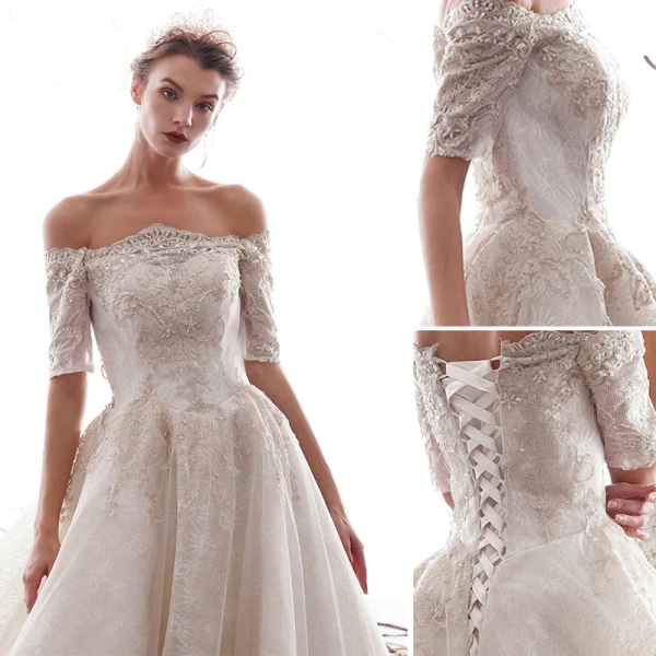 Luxury / Gorgeous Ivory Wedding Dresses 2019 A-Line / Princess Off-The-Shoulder Beading Lace Flower Short Sleeve Backless Royal Train
